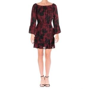 Aqua Burgundy Dark Floral Mini Dress Ruffle Bell Sleeve Med Whimsigoth Romantic